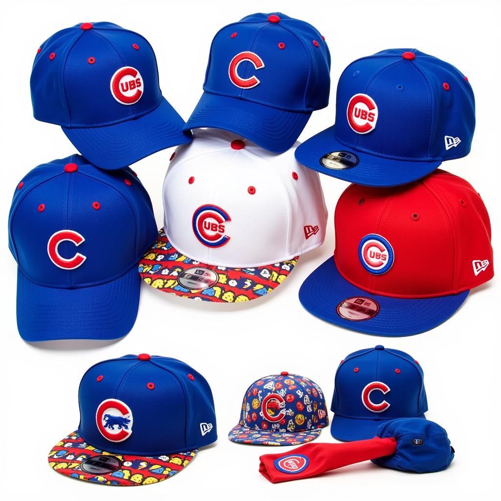 A display of Chicago Cubs hats, caps, and accessories in various styles and sizes, including options for big and tall fans