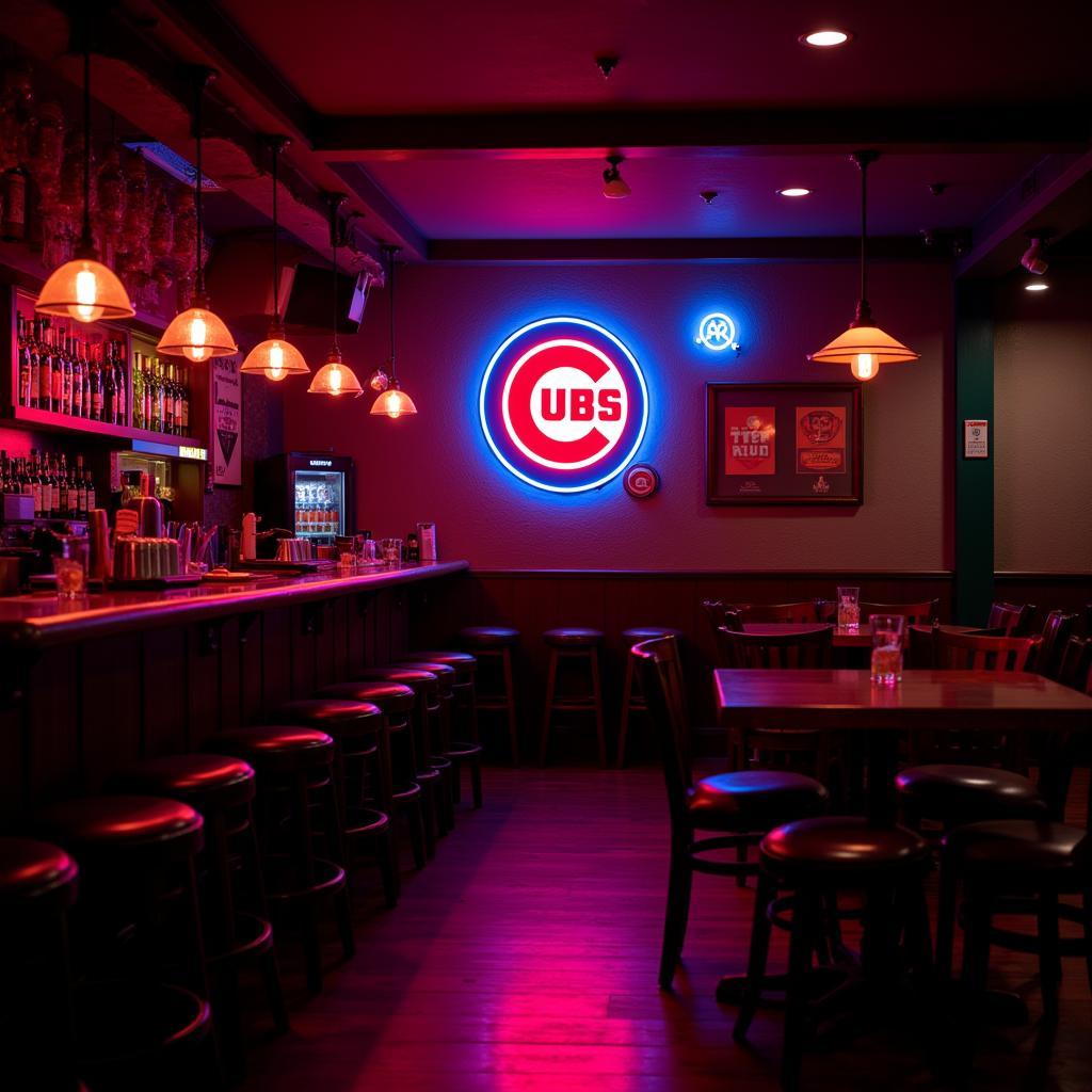 Chicago Cubs Neon Sign Illuminating a Sports Bar