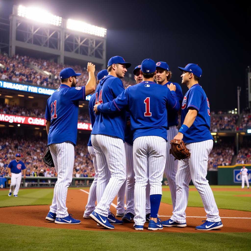 Chicago Cubs players celebrating at Wrigley Field