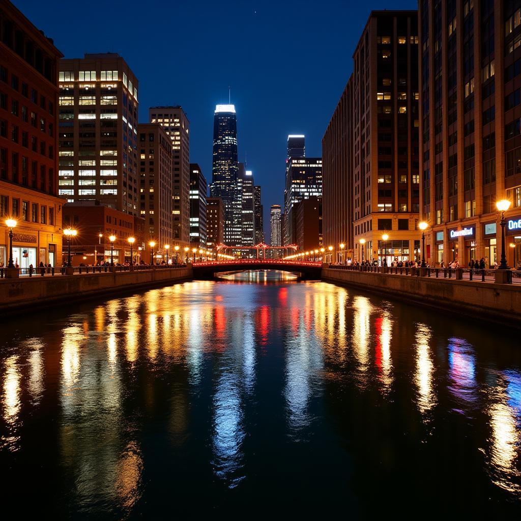 Chicago Riverwalk at night with city lights reflecting on the water