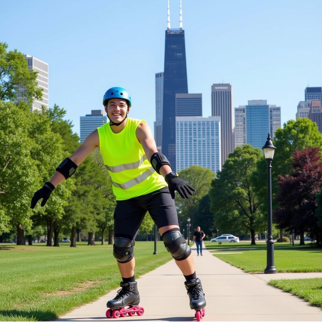 Skating in Grant Park with the Chicago skyline.