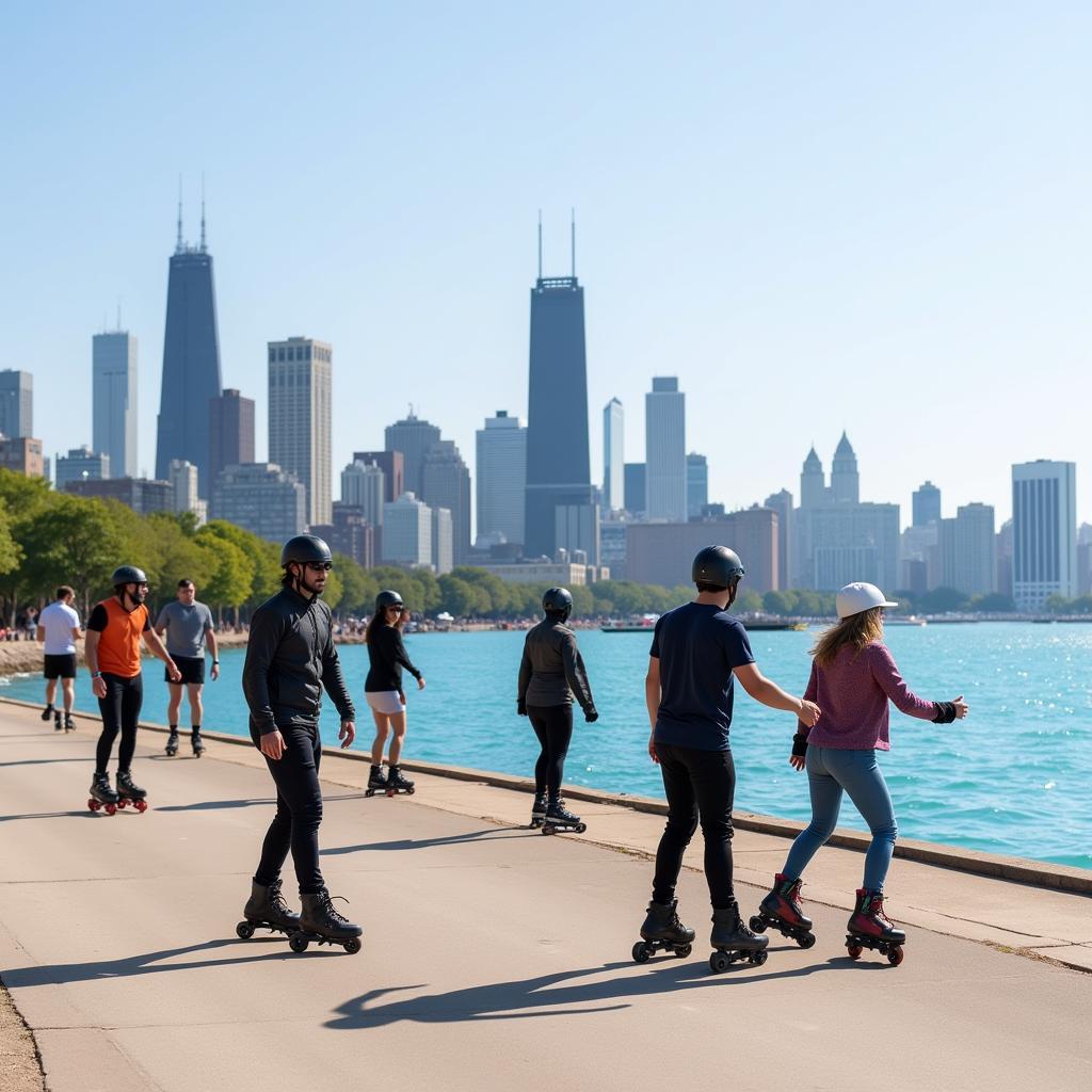 Rollerbladers enjoying the Chicago lakefront.