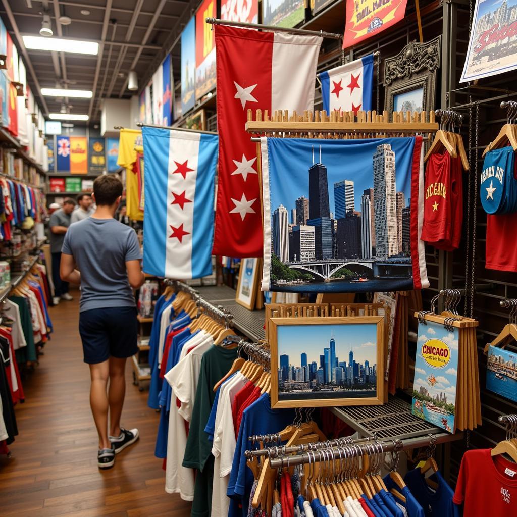 Chicago skyline flags displayed in a souvenir shop