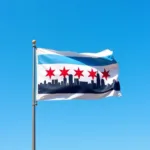 Chicago skyline flag waving proudly in the wind