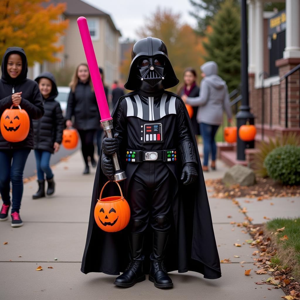 Child Dressed as 3 Foot Darth Vader at Halloween