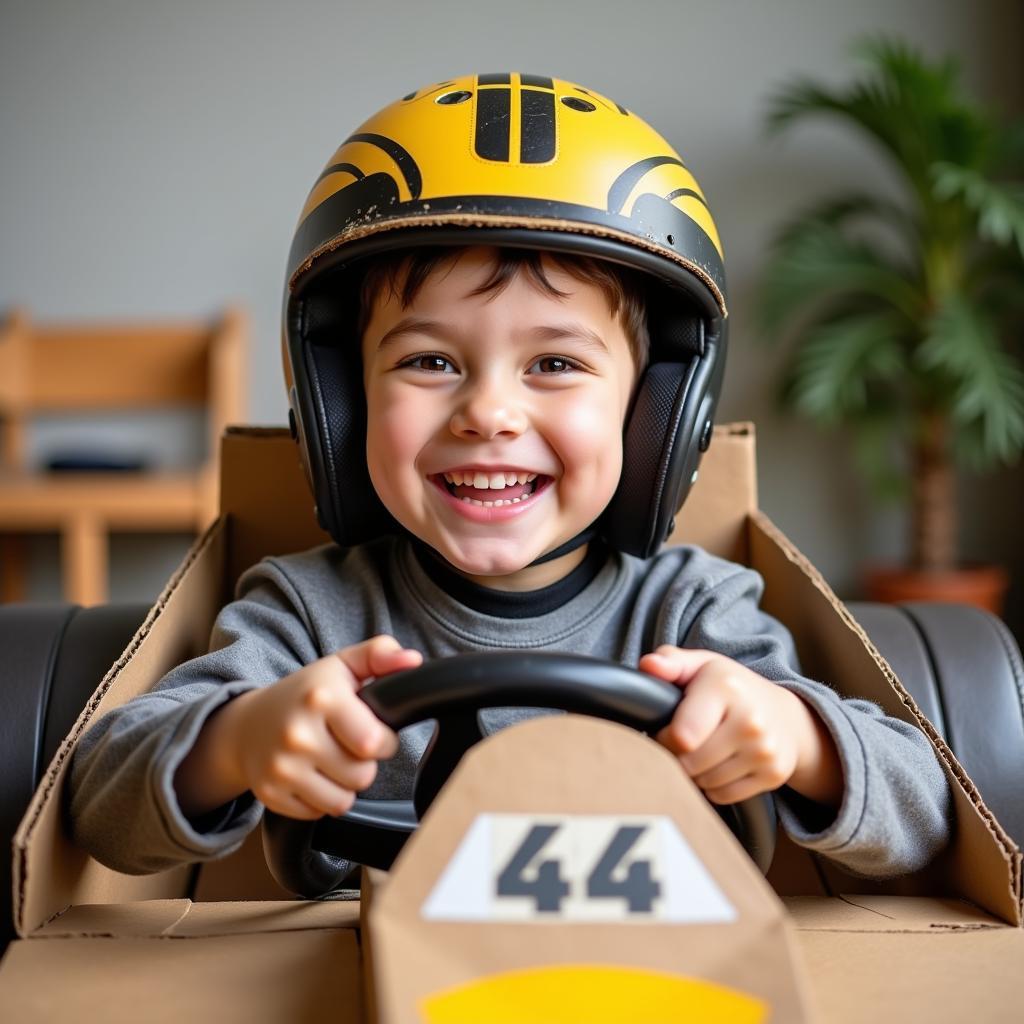 Child Wearing Cardboard Race Car Costume