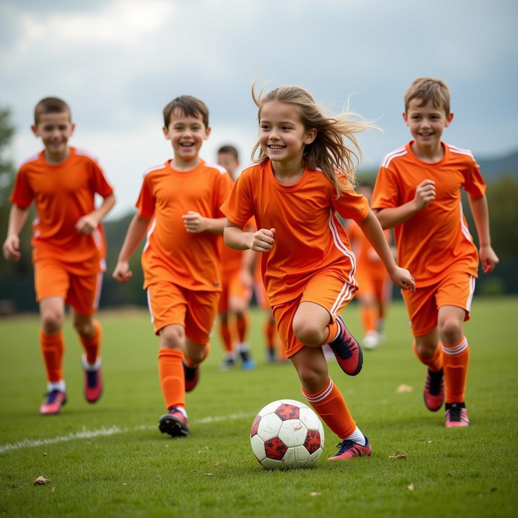 Children playing soccer in orange uniforms