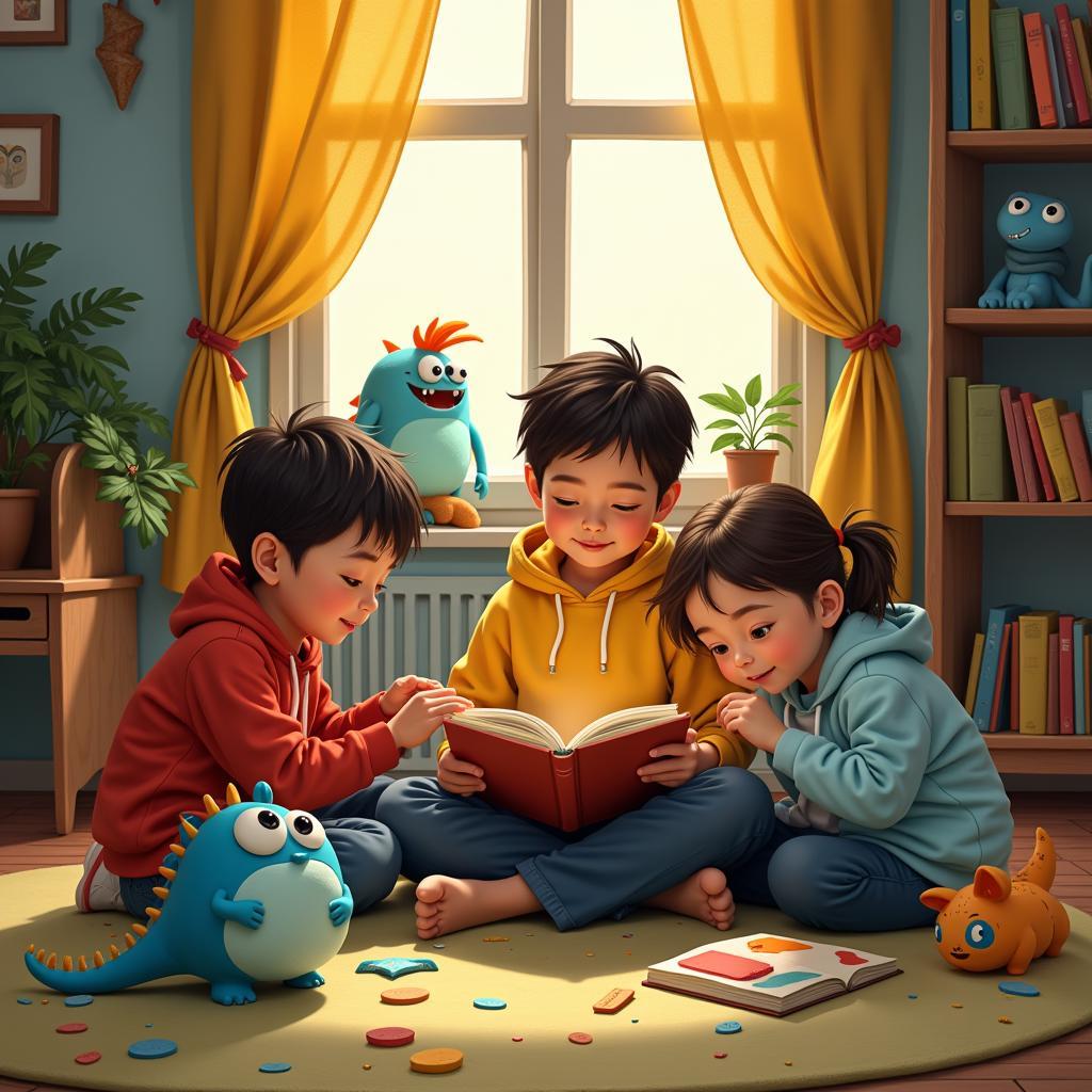 A group of children huddled together, engrossed in a book featuring colorful monsters