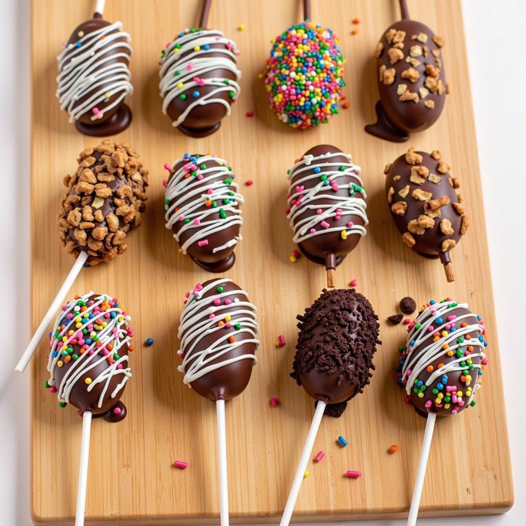 Chocolate Dipped Tootsie Roll Pops with various toppings