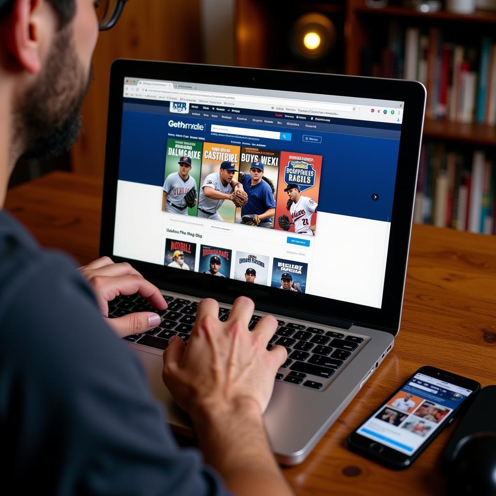 Person Browsing Baseball DVDs on a Laptop