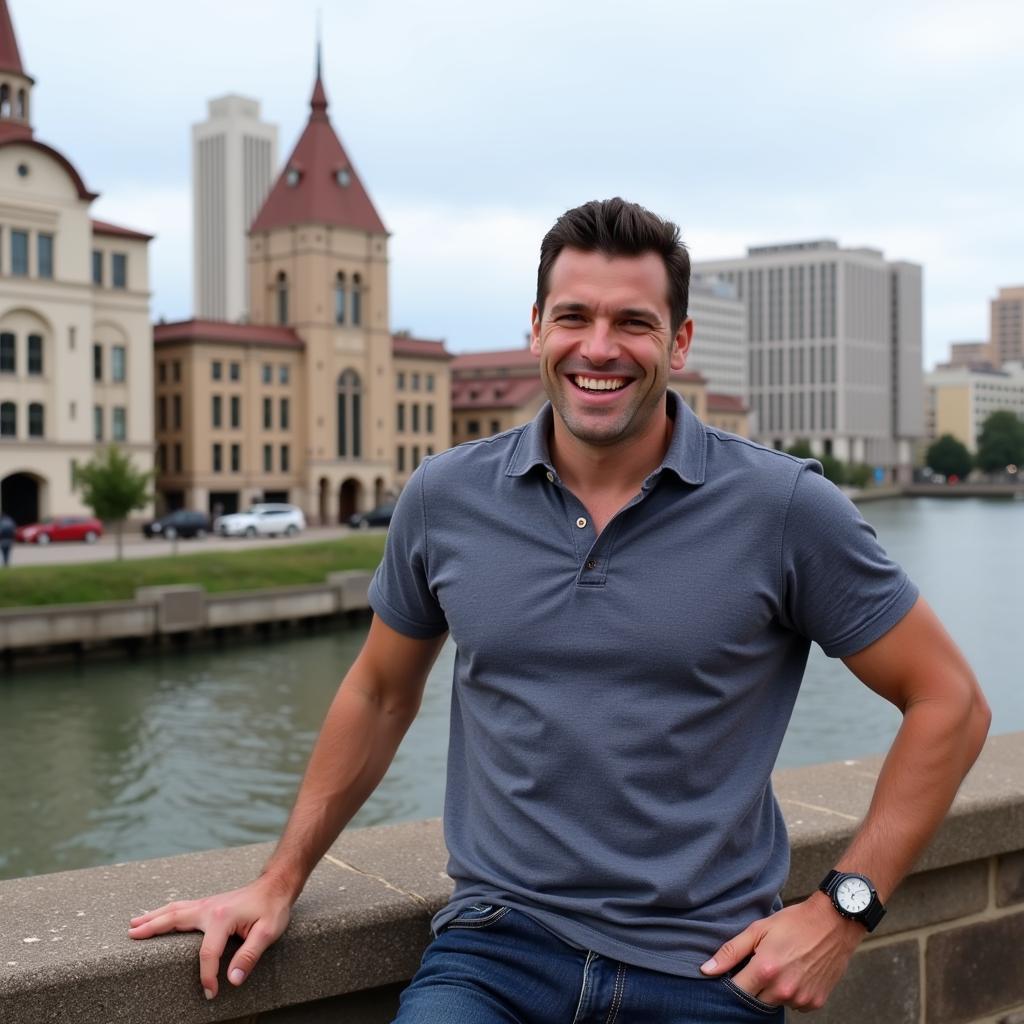 Chris Distefano posing in front of iconic Kansas City landmarks