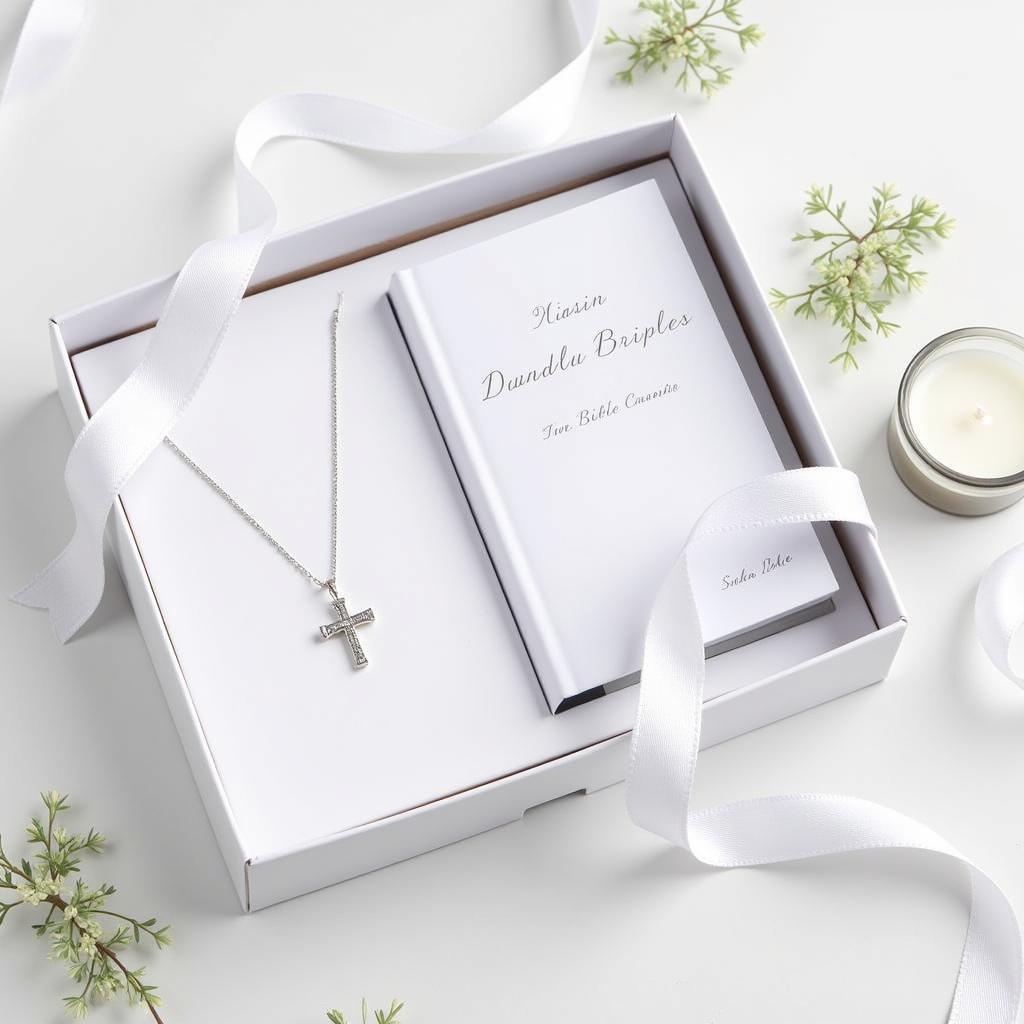 Christening Godmother Gift Box with Silver Cross Necklace and Personalized Bible