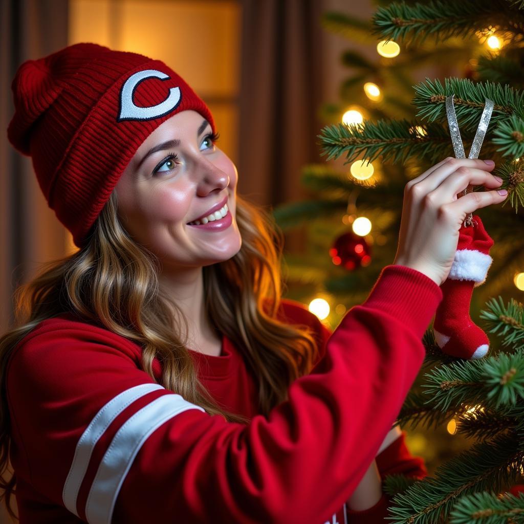 A Cincinnati Reds Fan Decorating a Christmas Tree with Themed Ornaments