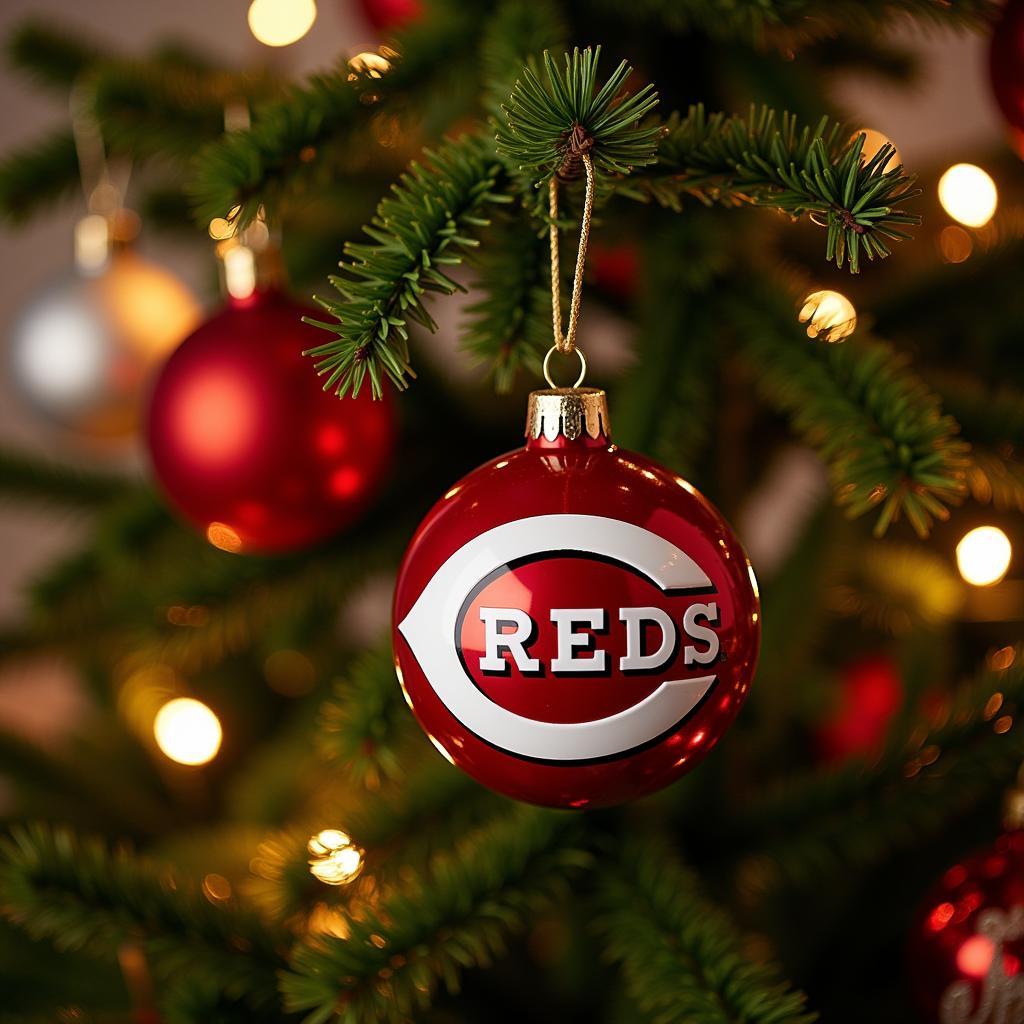 Close-up of a Cincinnati Reds Ornament on a Christmas Tree