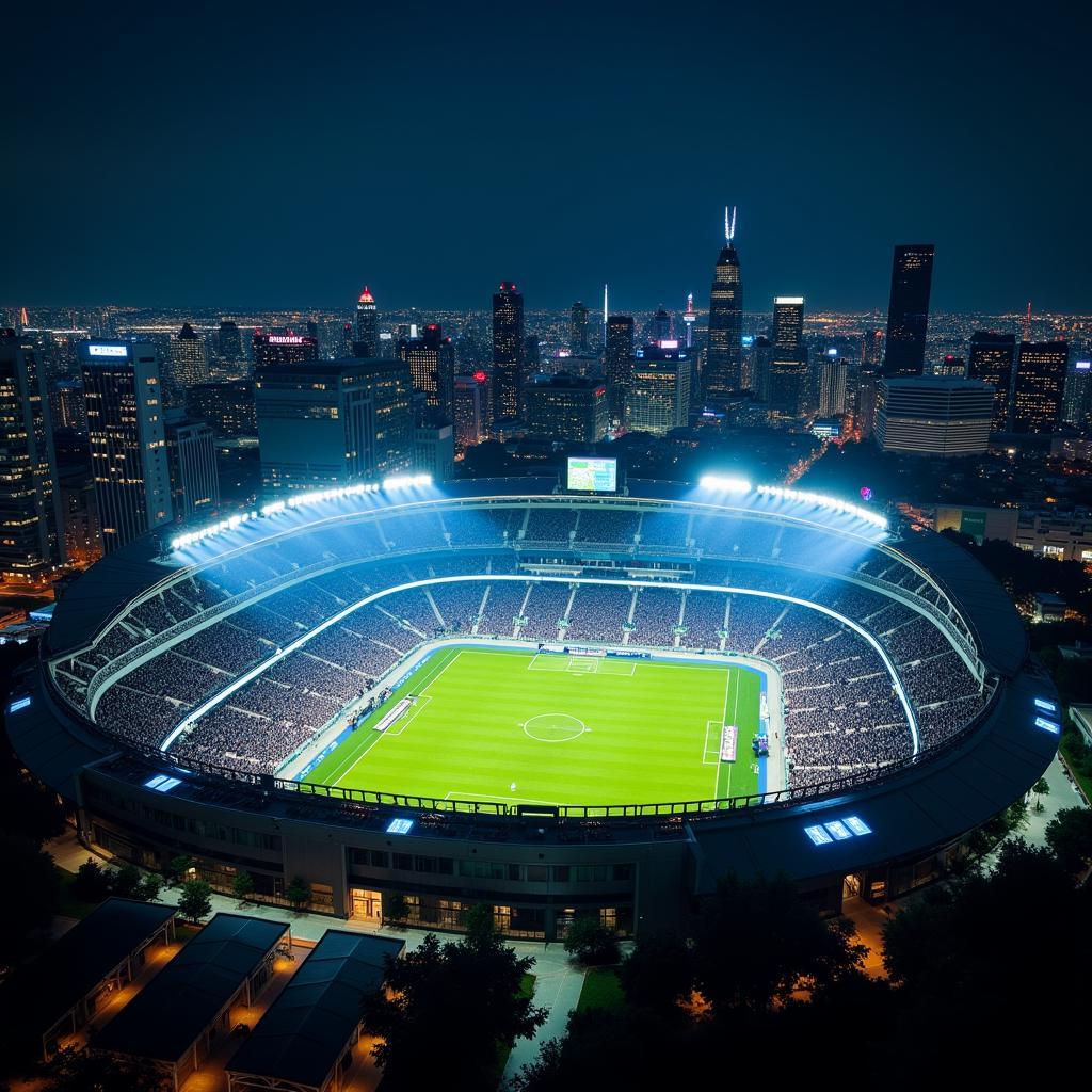  Cityscape illuminated by stadium lights at night.