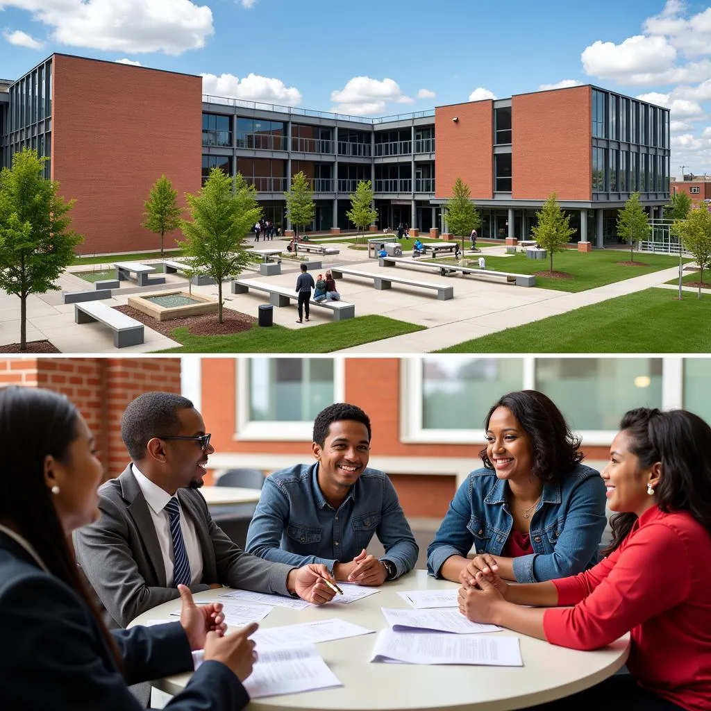 Modern campus buildings and students engaging in discussions