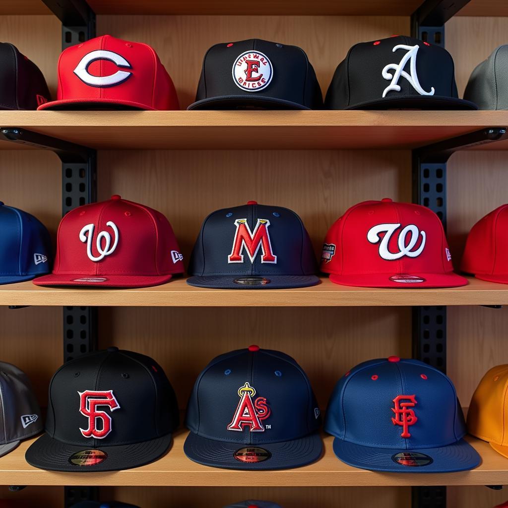 Classic MLB Hats Displayed on a Shelf