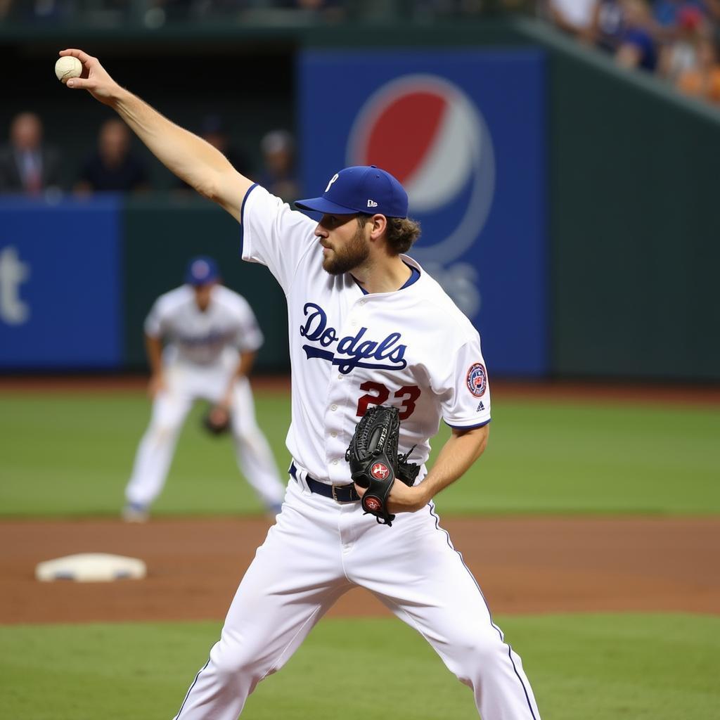 Clayton Kershaw adjusting his glove on the mound