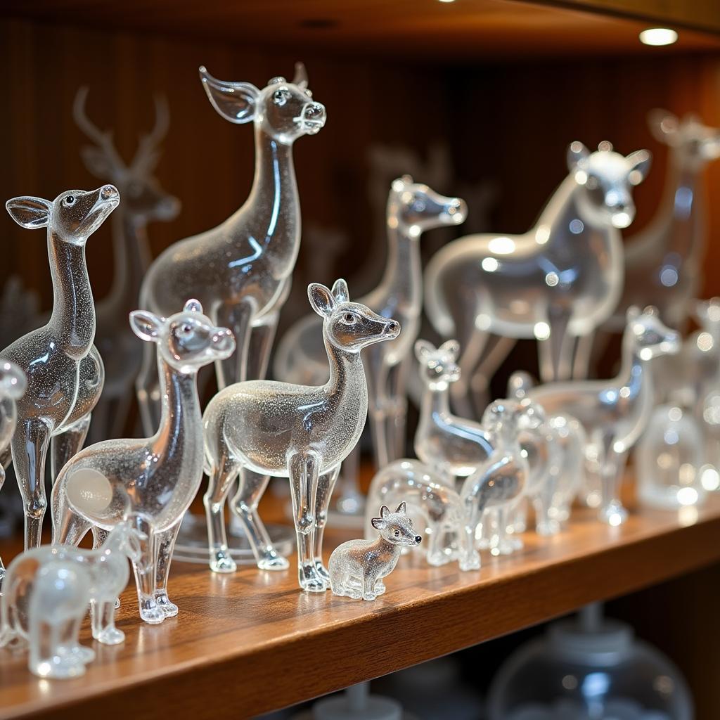 A collection of clear glass animal figurines displayed on a shelf