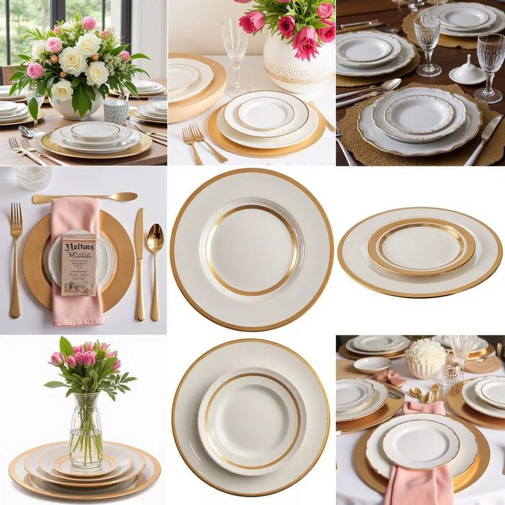 Showcase various table setting ideas featuring clear gold charger plates, including different color palettes and decorative elements.