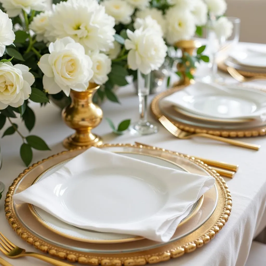 Clear gold charger plates enhance an elegant table setting with white floral arrangements and gold cutlery.