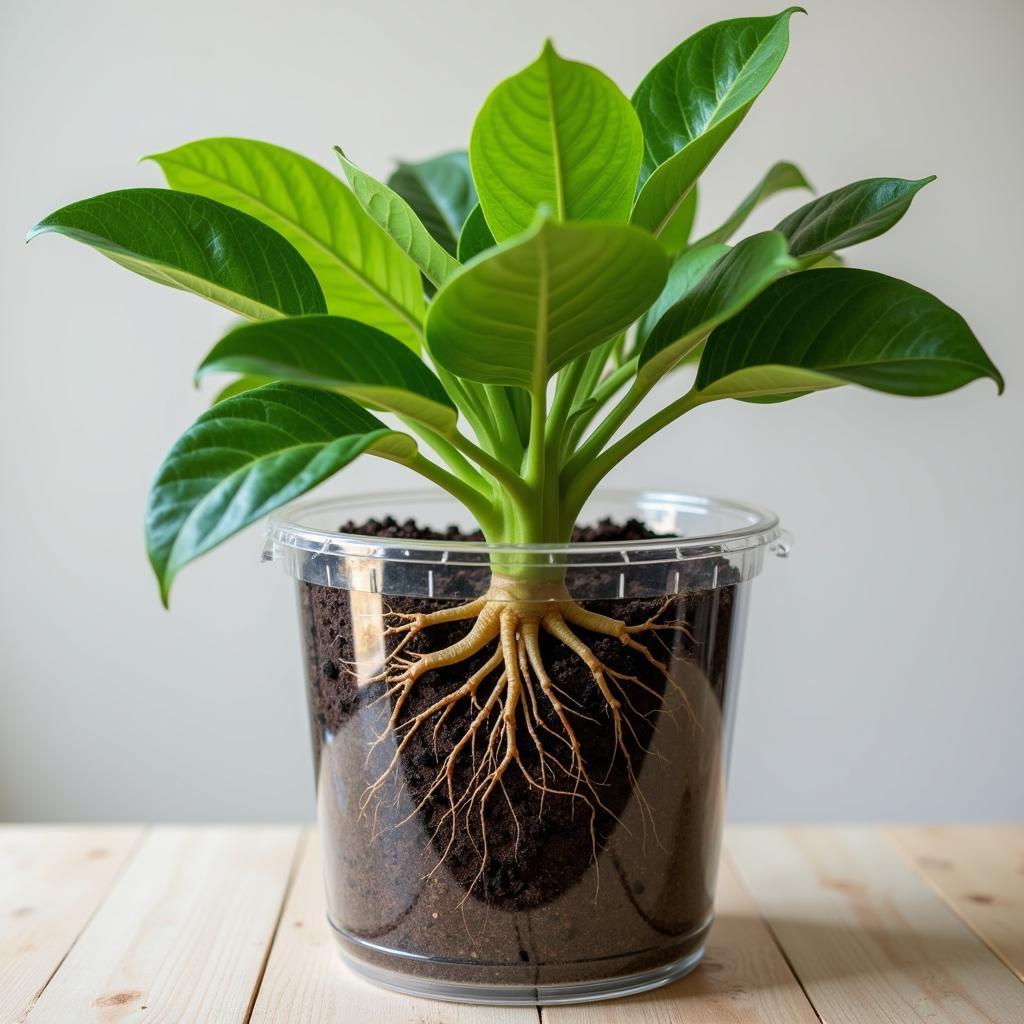 A clear plastic pot showcasing a plant's healthy root system