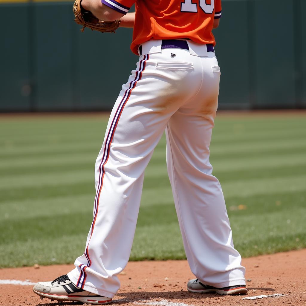 Baseball player wearing Clemson cut pants during a game