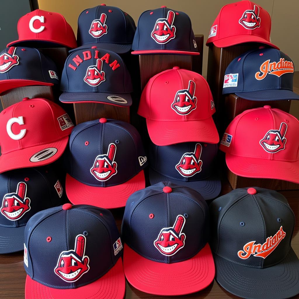 A collection of Cleveland Indians Chief Wahoo caps