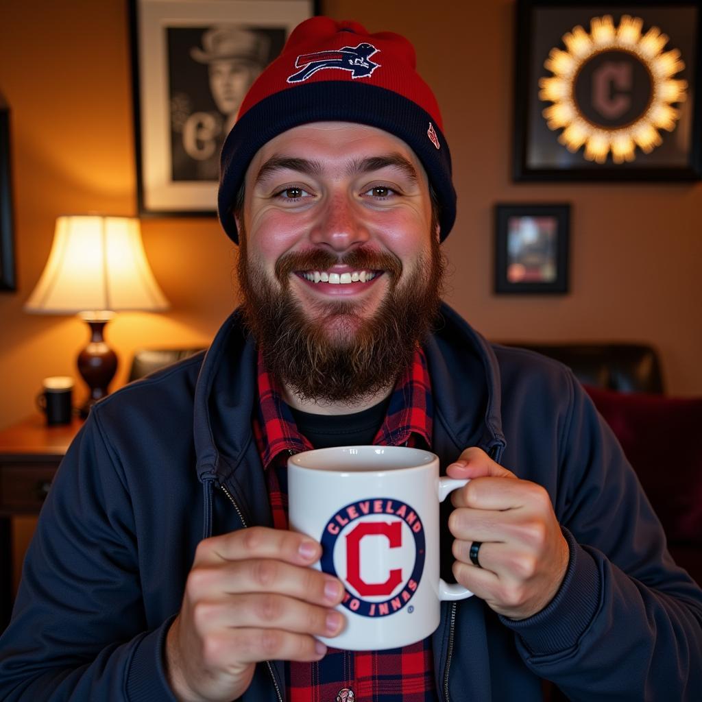 A Cleveland Indians fan enjoying coffee in their mug