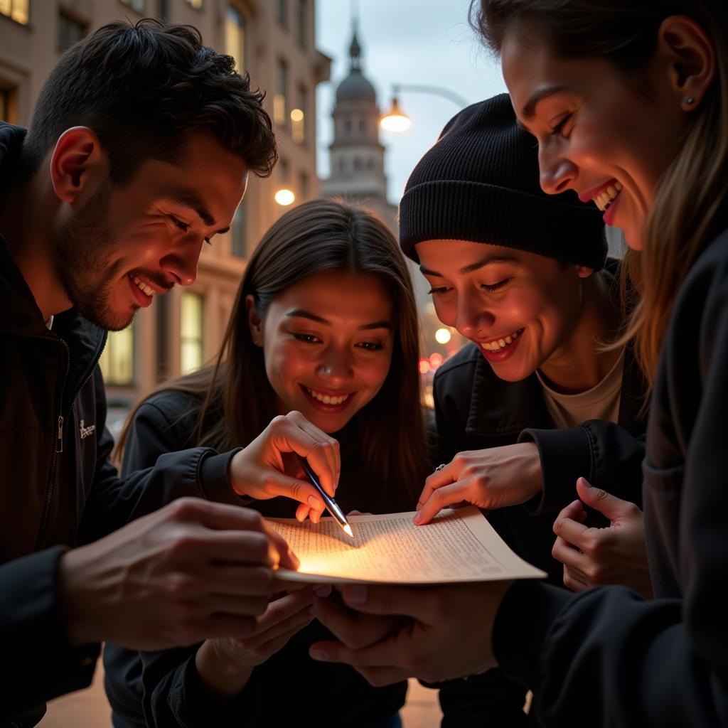 A team huddles together, strategizing over a clue during a scavenger hunt in Cleveland