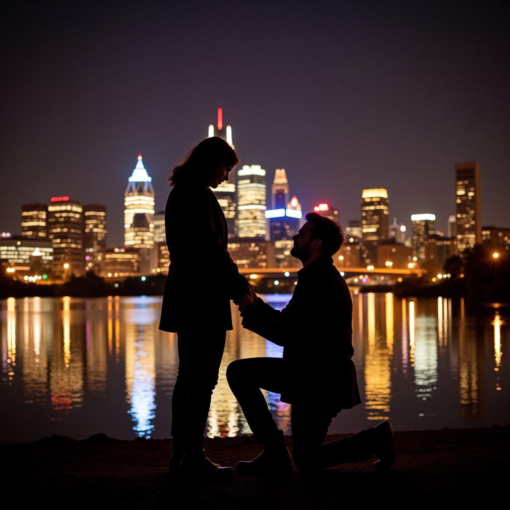 Couple admiring Cleveland skyline at night