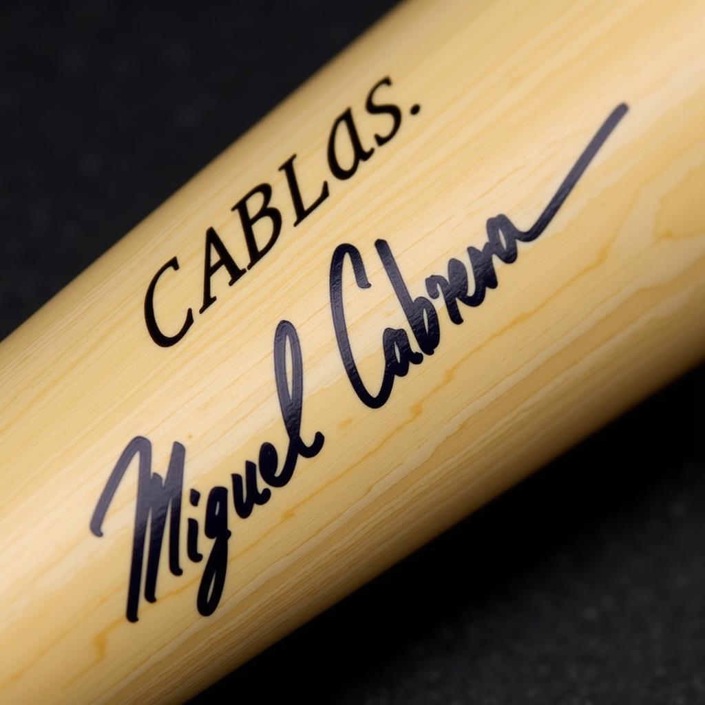 Close-up of an autographed Miguel Cabrera bat