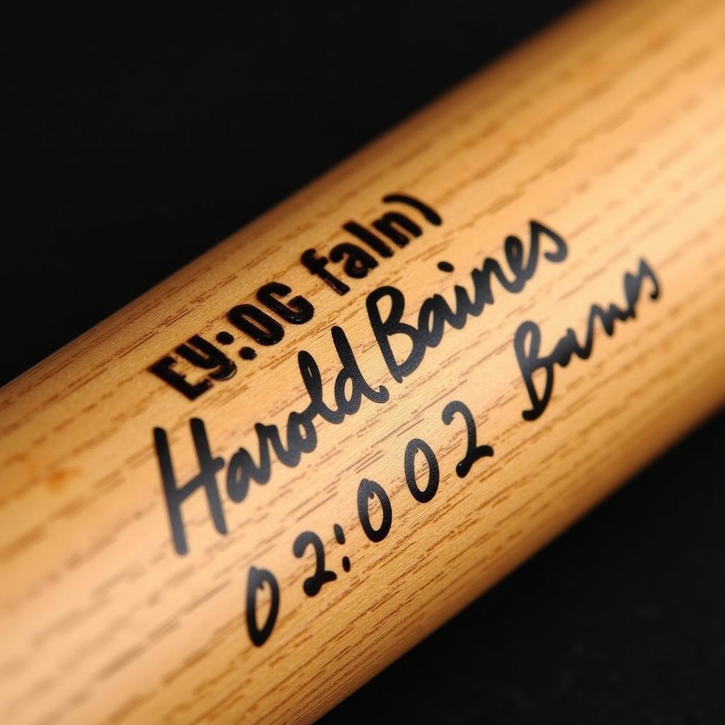 Close-up of Harold Baines's signature on a baseball bat