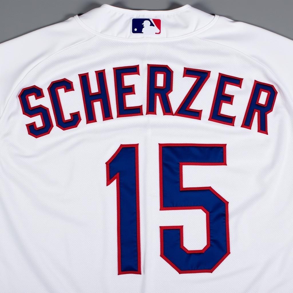 Detailed view of a Max Scherzer Texas Rangers jersey.