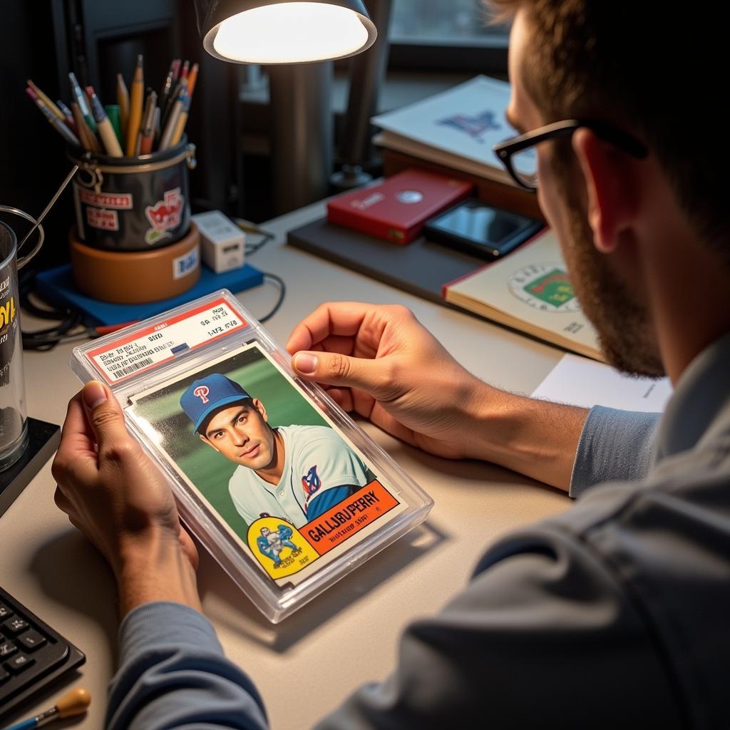 Close-up of a 1962 Topps Gaylord Perry rookie card undergoing professional grading.