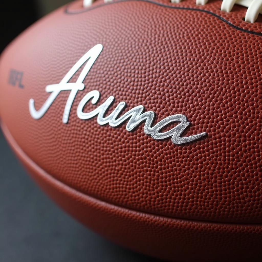 A close-up shot of a football signed by Luisangel Acuna, highlighting the signature and the texture of the ball