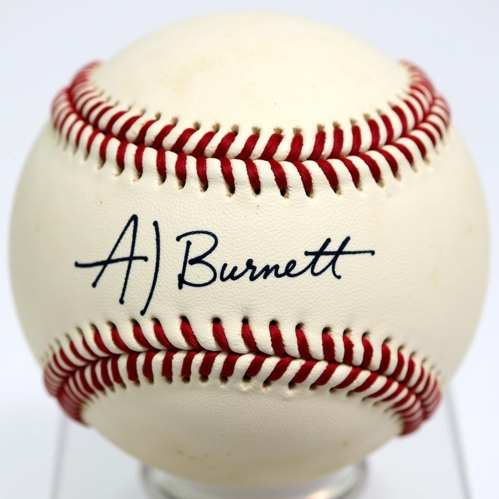 Close up of a baseball signed by AJ Burnett