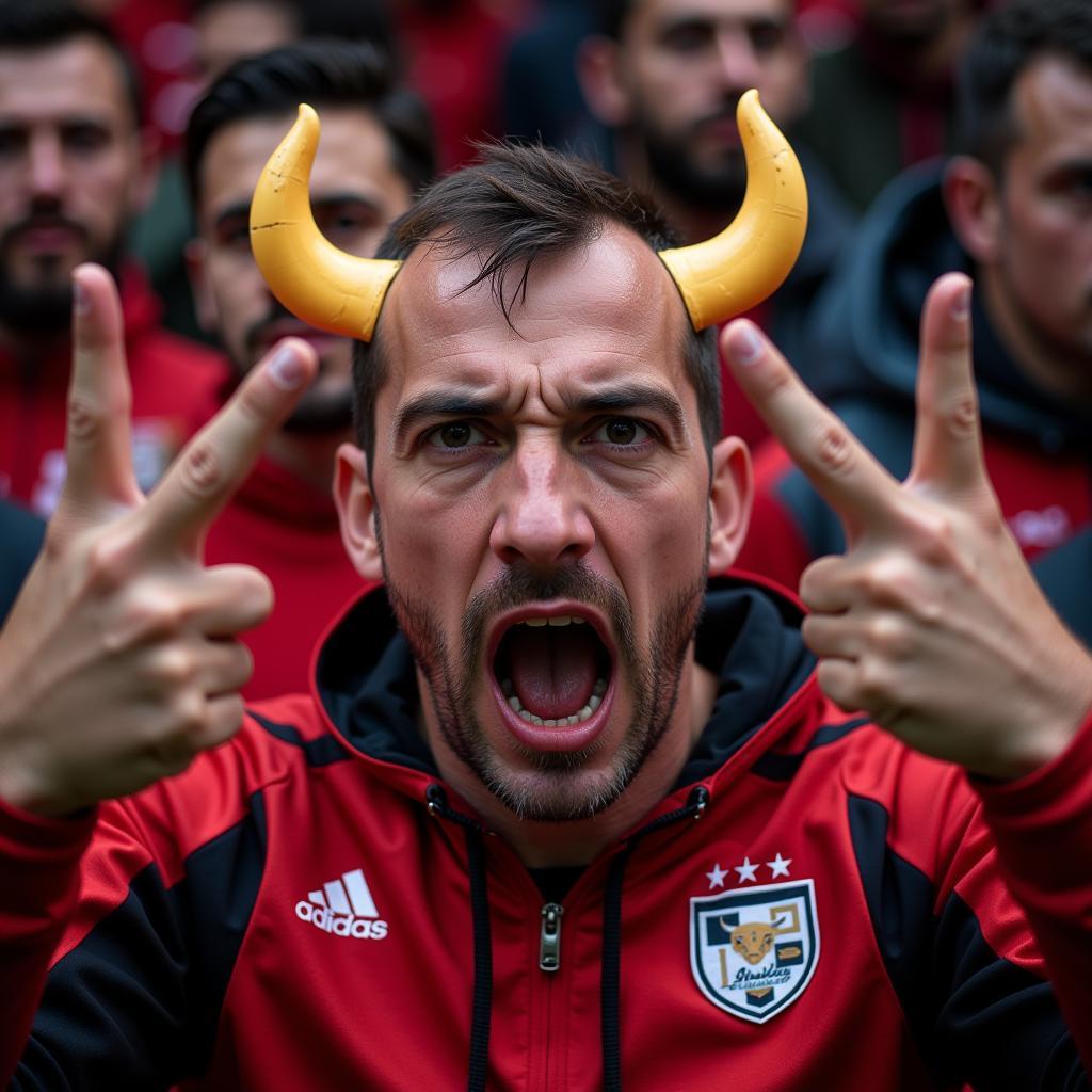 Close up of a Beşiktaş fan making the bull horns gesture