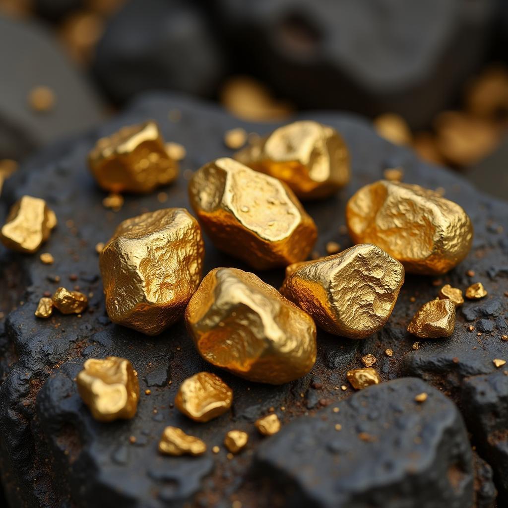 Gold nuggets scattered on a rock surface