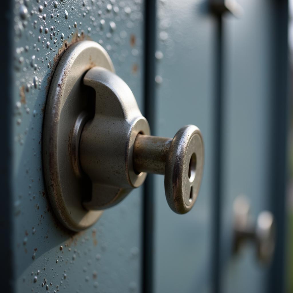 Detailed view of a high-security locking mechanism on a metal mailbox.