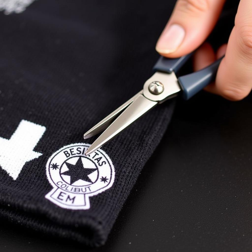 Close-up of portable scissors making a precise cut on a Besiktas scarf with the club's emblem visible.