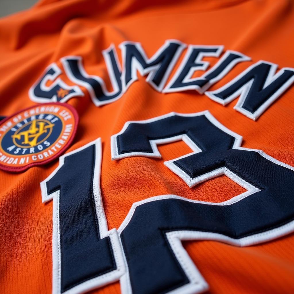 A detailed view of the stitching and patches on a Roger Clemens Astros jersey.