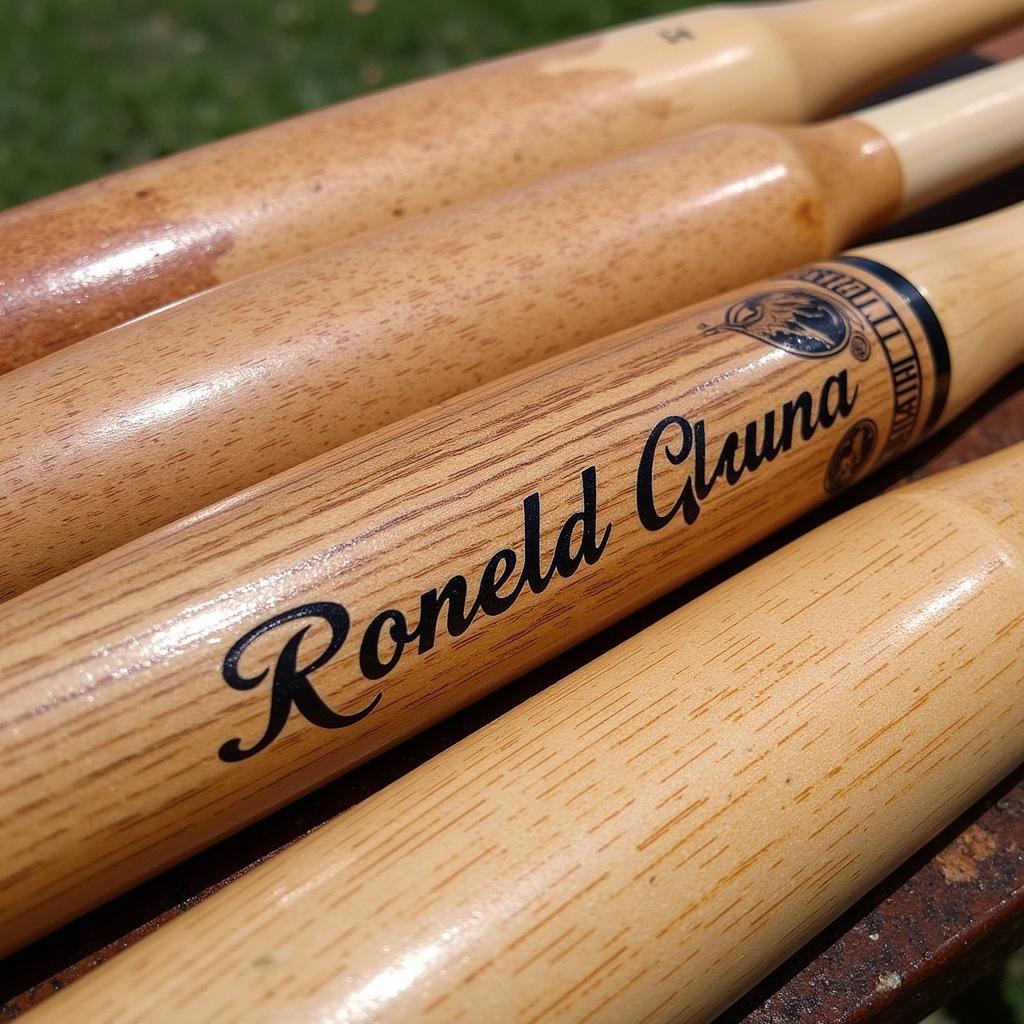 Close-up image of Ronald Acuna Jr.'s wood bat, showcasing its brand and grain.