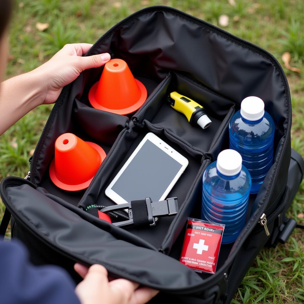 A coach meticulously arranging equipment in a spacious backpack