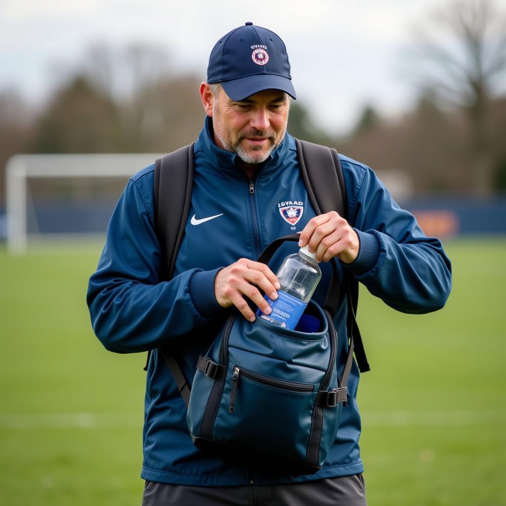  A coach accessing equipment from their backpack on a sports field