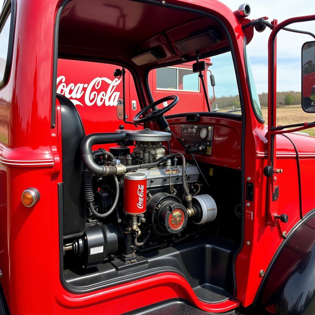 Well-maintained engine and interior of a used Coca Cola truck