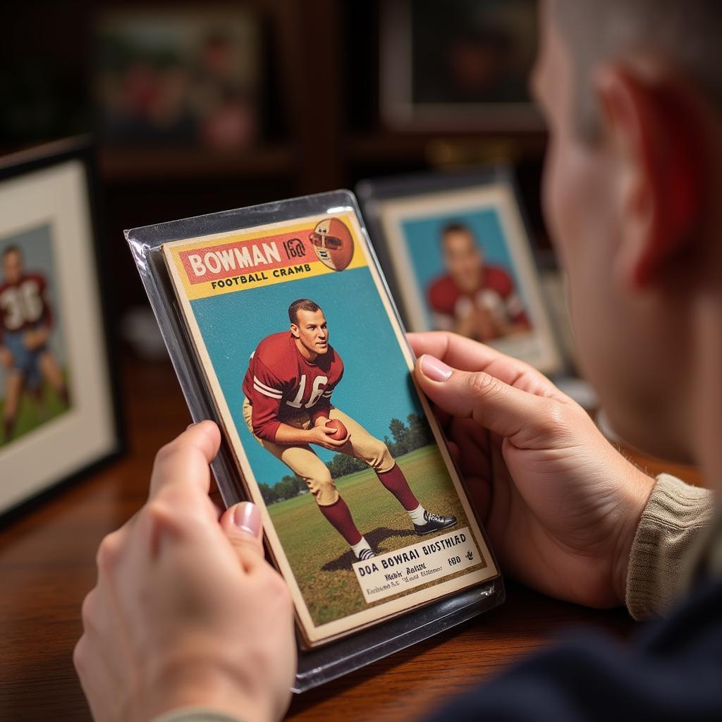 A collector examining a 1950 Bowman Football card.