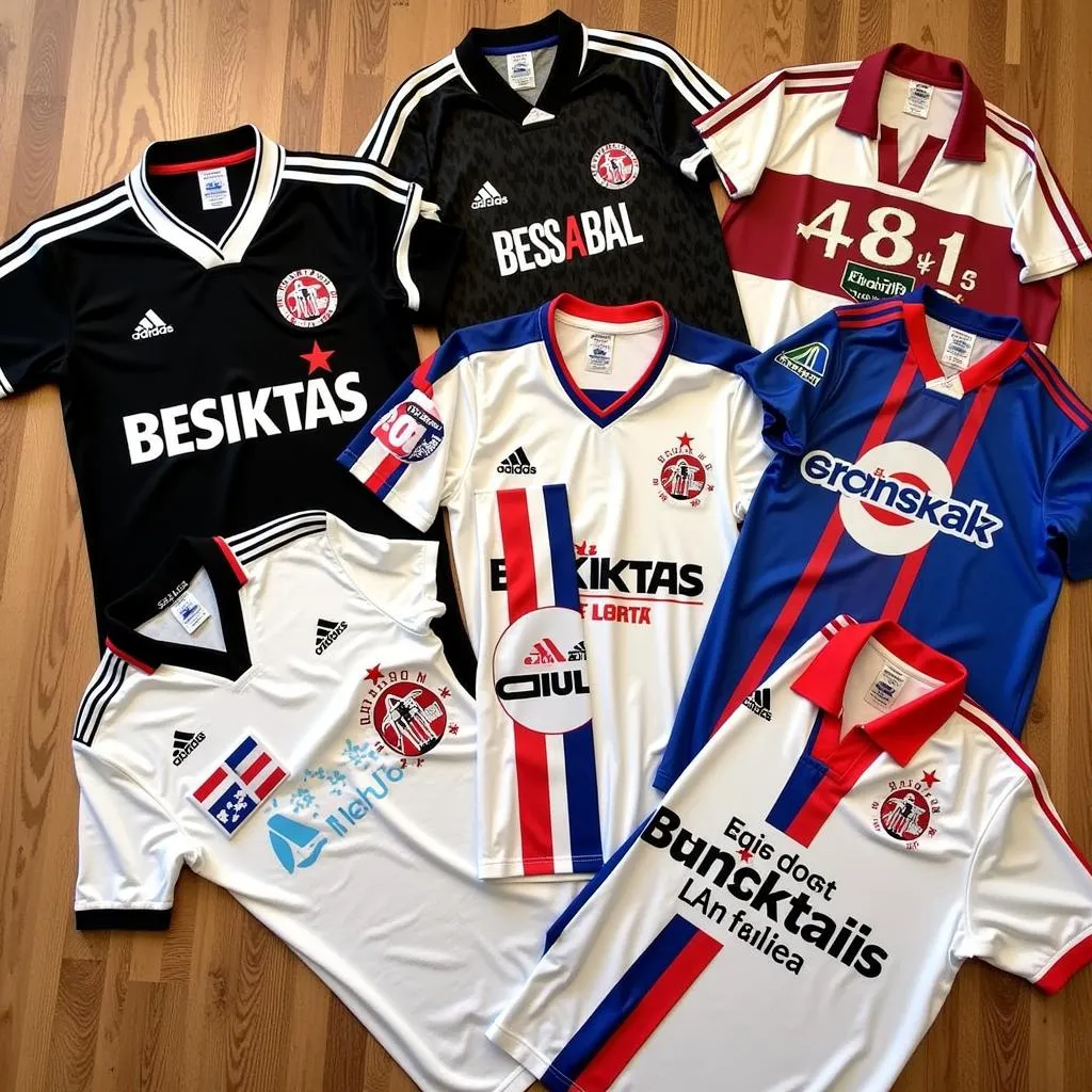 A collection of authentic Besiktas shirts from the 1980s showcasing different designs and details.