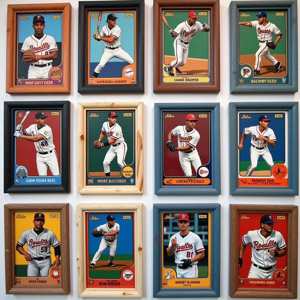 A display of various painted baseball cards