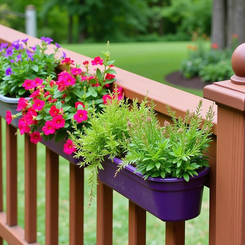 Colorful Flower Display in Deck Railing Planter Holders